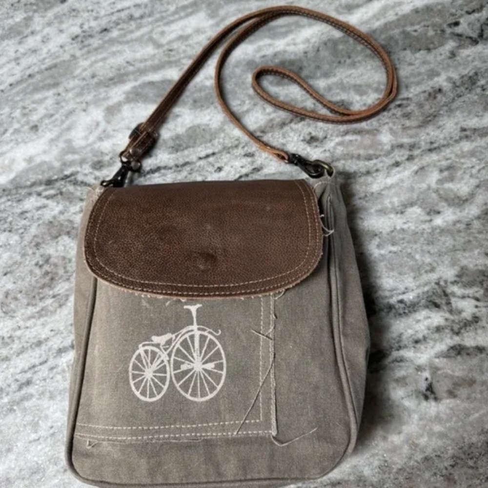 Myra Bag Crossbody – Recycled Canvas & Leather Purse w/ Vintage Bicycle Print